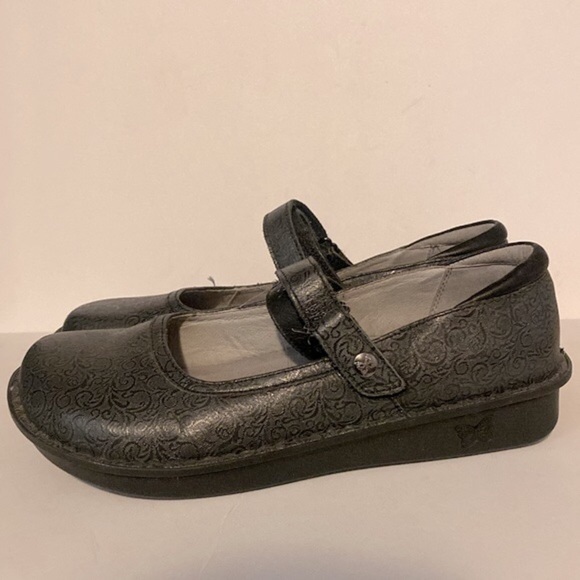 Alegria Grey Floral Embossed Leather Mary Jane Clogs - Picture 6 of 8